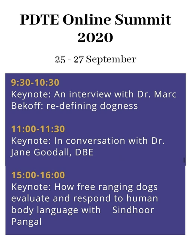 PDTE Online Summit programme listing keynotes by Dr. Marc Bekoff, Dr. Jane Goodall and Sindhoor Pangal