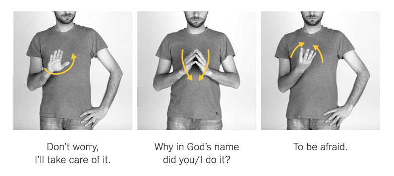 Three panels from an illustrated New York Times guide to Italian hand gestures, the first captioned as a reassurance.